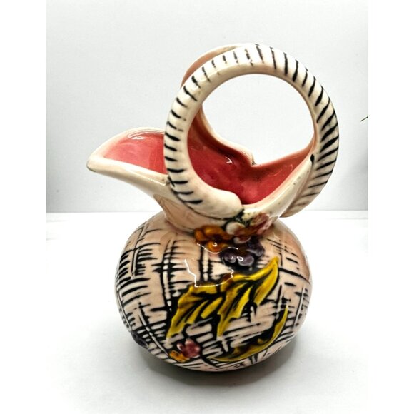 Vintage 1955 Hull Hand-Painted Pottery Pitcher Vase Floral Design Pink & Black - Picture 1 of 6